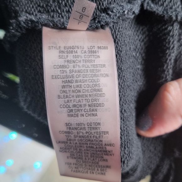 Elie Tahari Sport Mesh Sleeve Raw Hem Black Cotton French Terry Pullover Hoodie - Picture 2 of 11